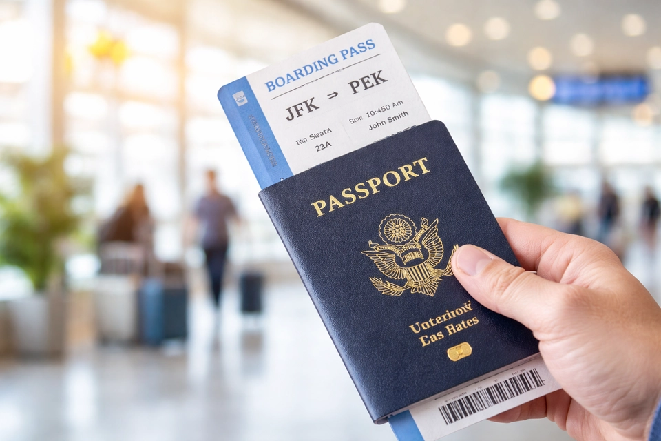Traveler holding passport and boarding pass for visa-free or transit travel