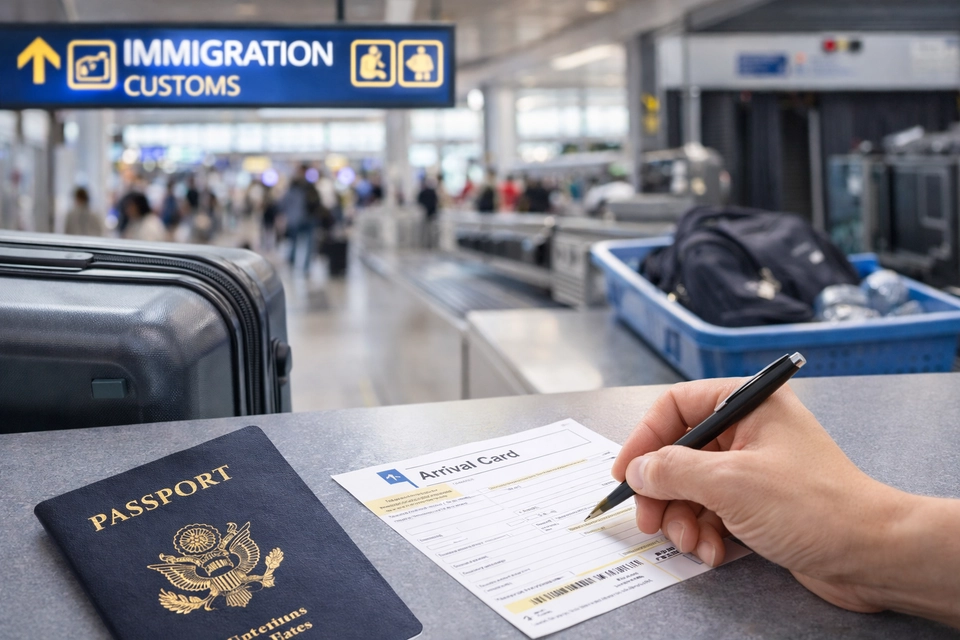 Traveler going through customs and passport control at airport