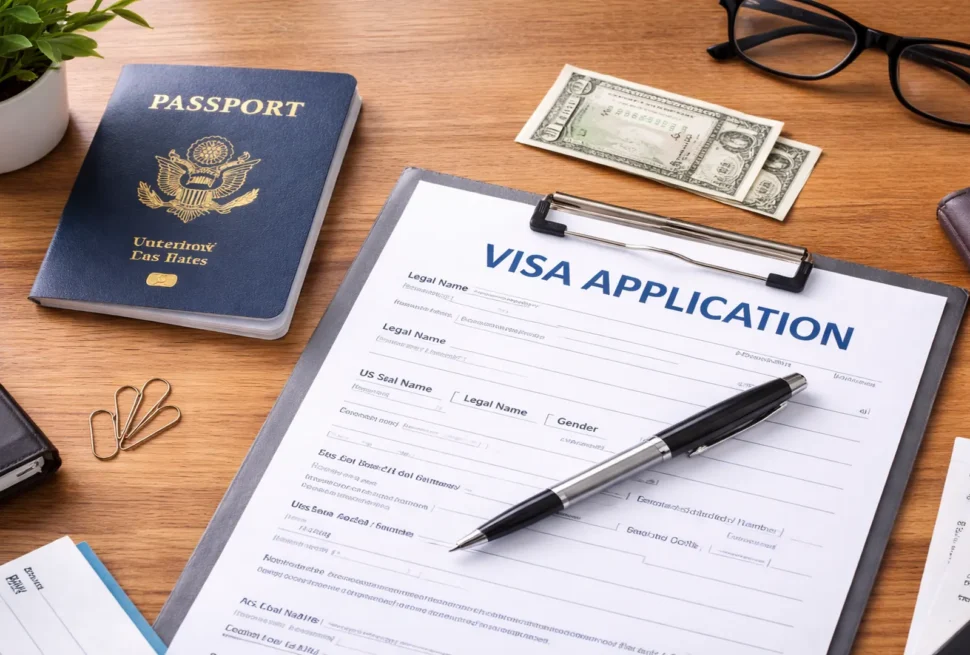 Passport, visa application form, and travel documents prepared for a China visa application