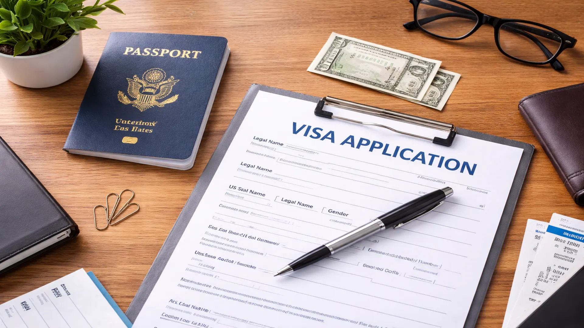 Passport, visa application form, and travel documents prepared for a China visa application