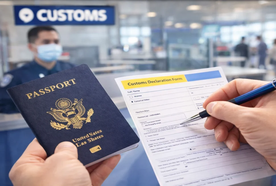 Traveler going through customs and passport control at the airport in China