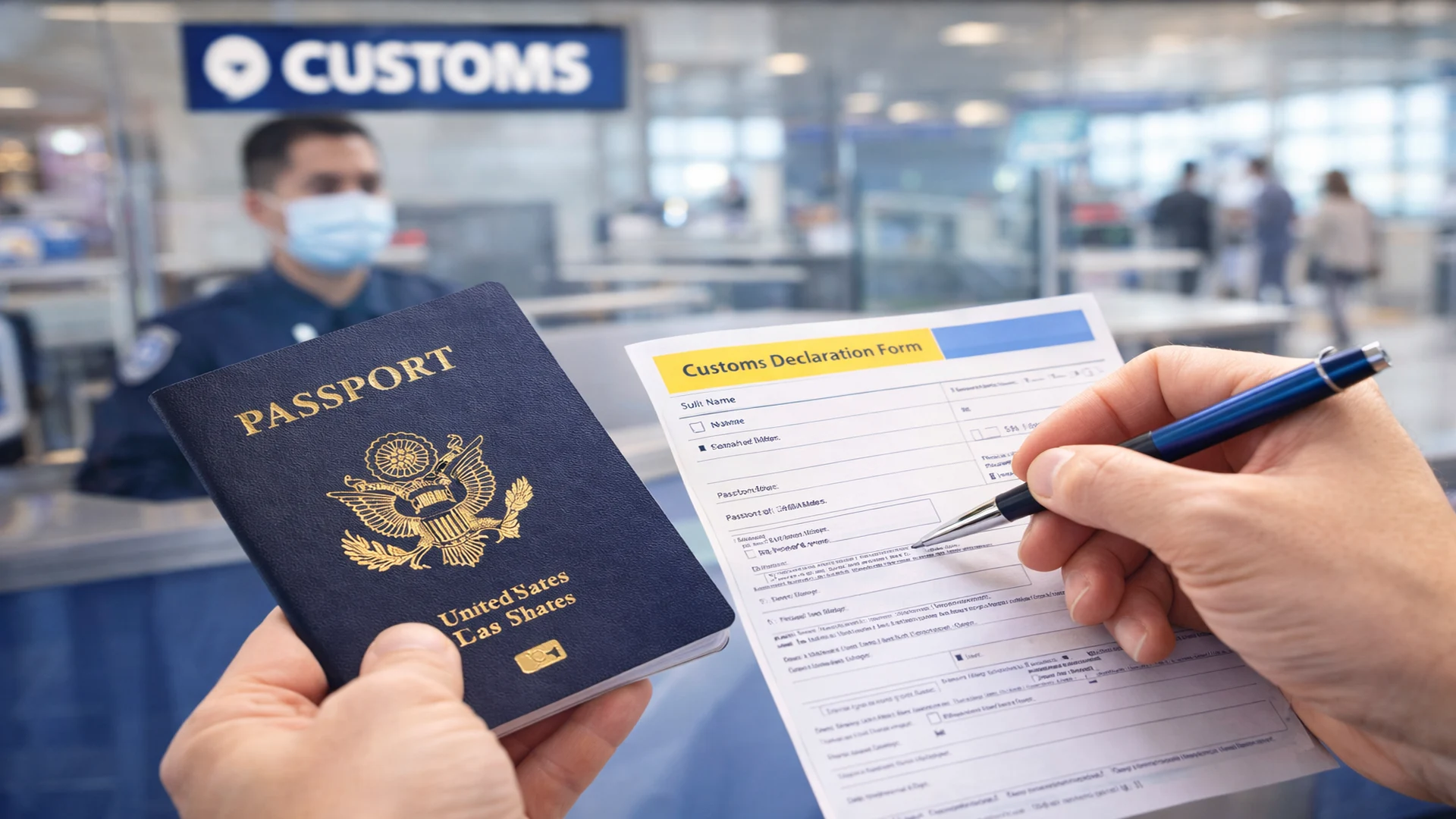 Traveler going through customs and passport control at the airport in China