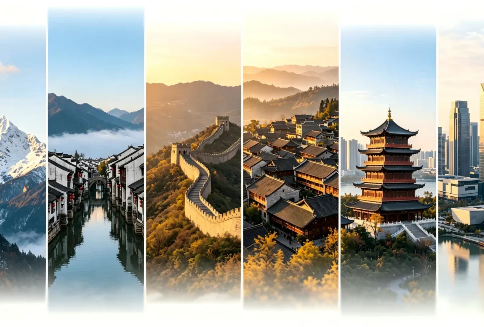 A visual collage of different China travel styles, including mountain scenery, rice terraces, traditional architecture, and a modern city skyline