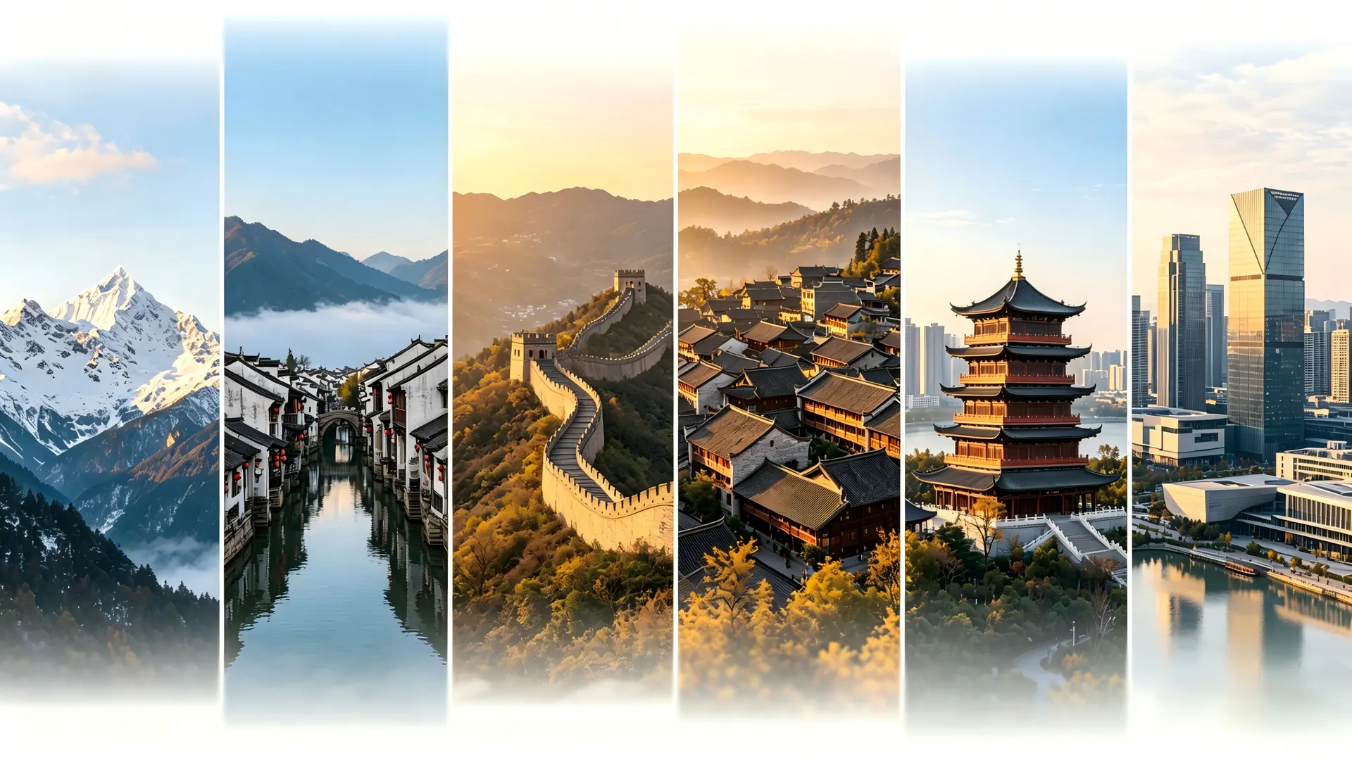 A visual collage of different China travel styles, including mountain scenery, rice terraces, traditional architecture, and a modern city skyline