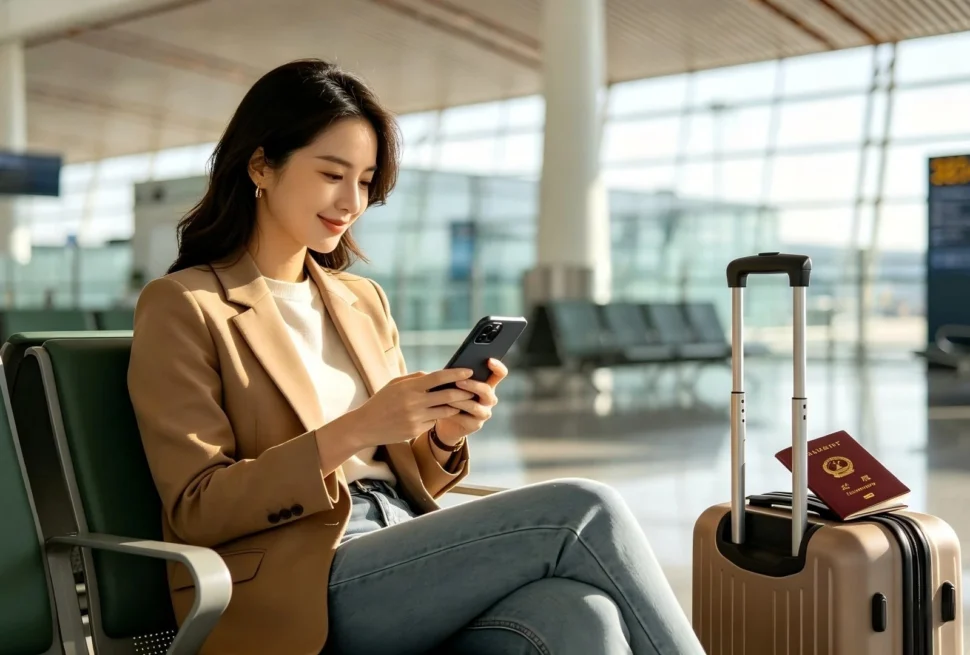 Traveler preparing for a smoother trip to China with phone, passport, and luggage at the airport