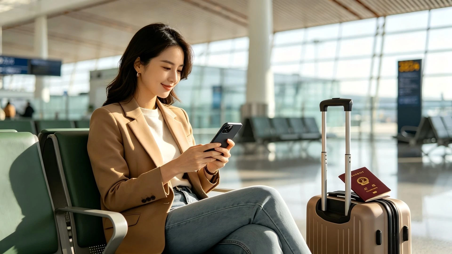 Traveler preparing for a smoother trip to China with phone, passport, and luggage at the airport