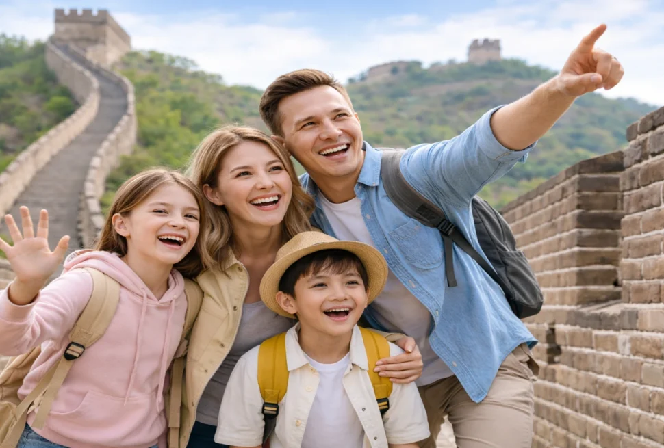 Multi-generational family traveling in China with Great Wall, West Lake, and panda elements in a warm family-friendly scene