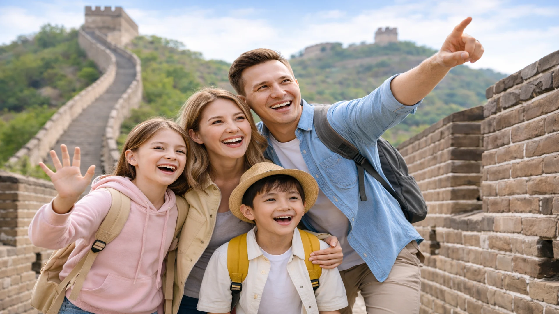 Multi-generational family traveling in China with Great Wall, West Lake, and panda elements in a warm family-friendly scene
