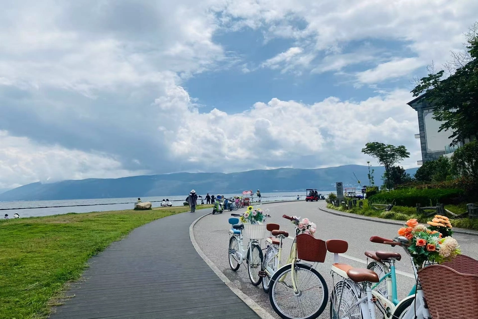 Private tour scenery of Erhai Lake in Dali with lakeside road, flowers, and mountain views