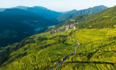 Private tour hero image of rice terraces in Guizhou with mountain landscape and rural scenery