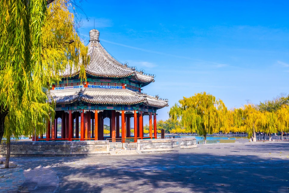 Visitors walking in the summer palace in Beijing during October