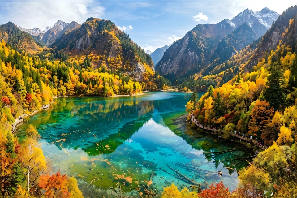 Autumn foliage and blue lakes in Jiuzhaigou in October