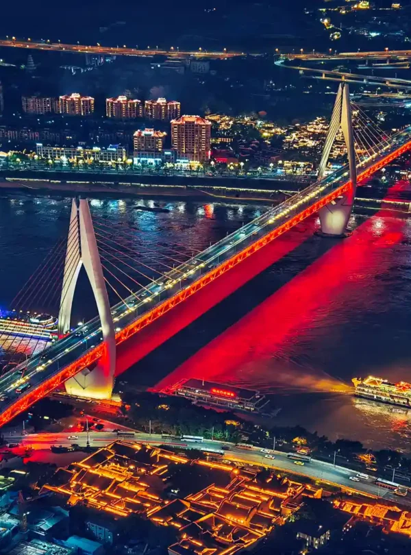 Private tour hero image of Chongqing night skyline with Hongyadong, rivers, bridges, and layered mountain city buildings