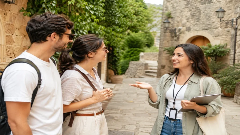 Travel guide assisting a couple on a flexible private tour in China