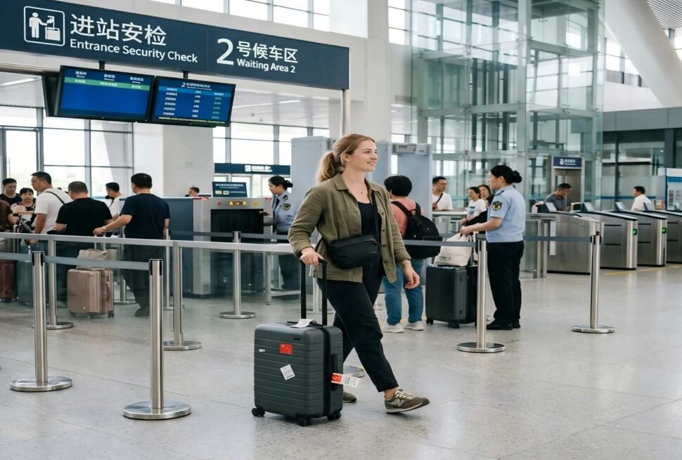 Traveler carrying manageable luggage through security at a China high-speed railway station