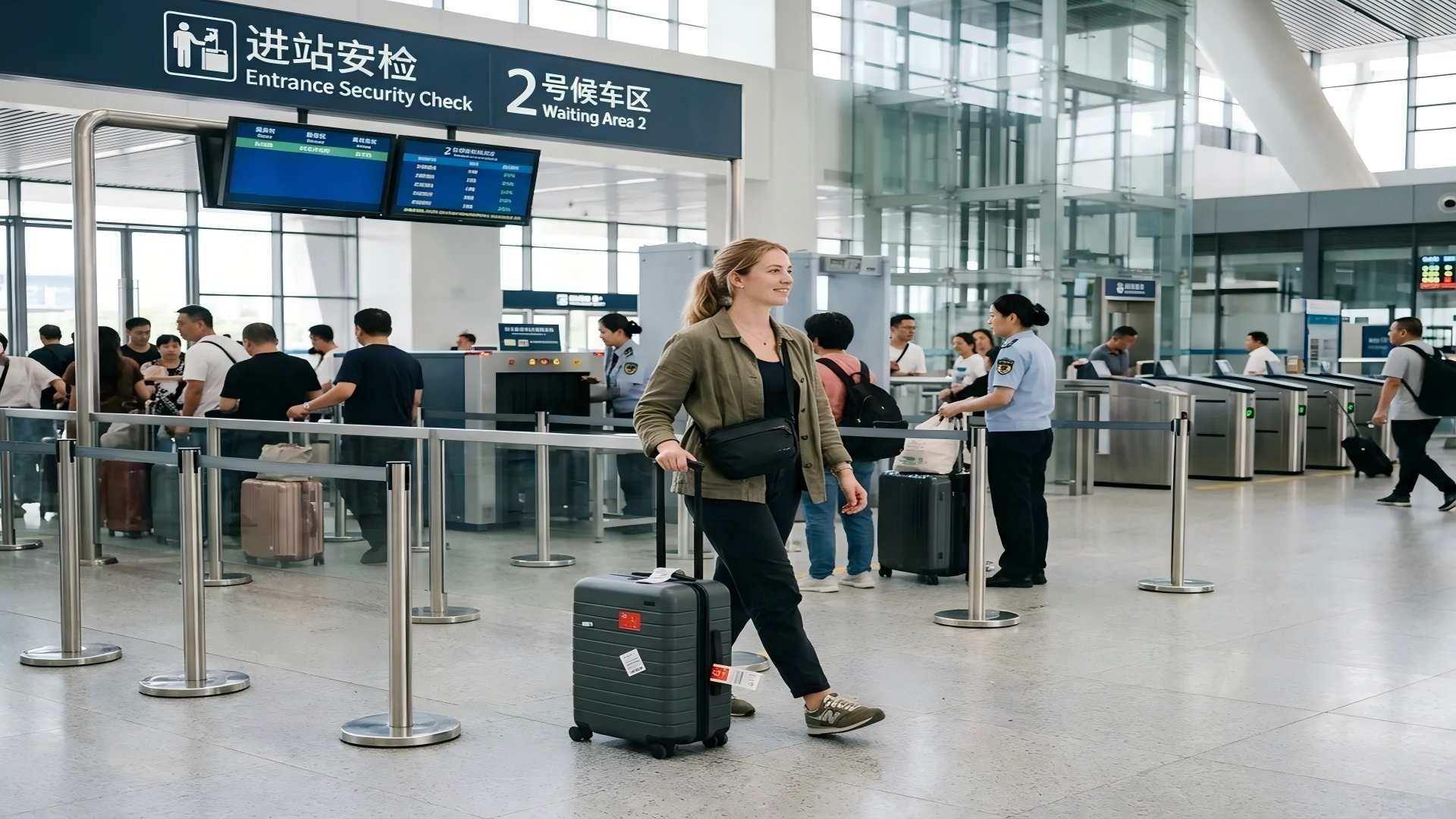 Traveler carrying manageable luggage through security at a China high-speed railway station