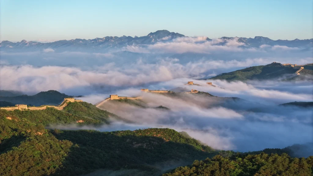 Iconic China travel scene featuring the Great Wall and classic city highlights from Beijing to Shanghai.