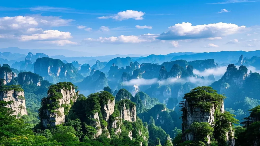 Avatar-inspired sandstone peaks in Zhangjiajie rising through clouds and mist.