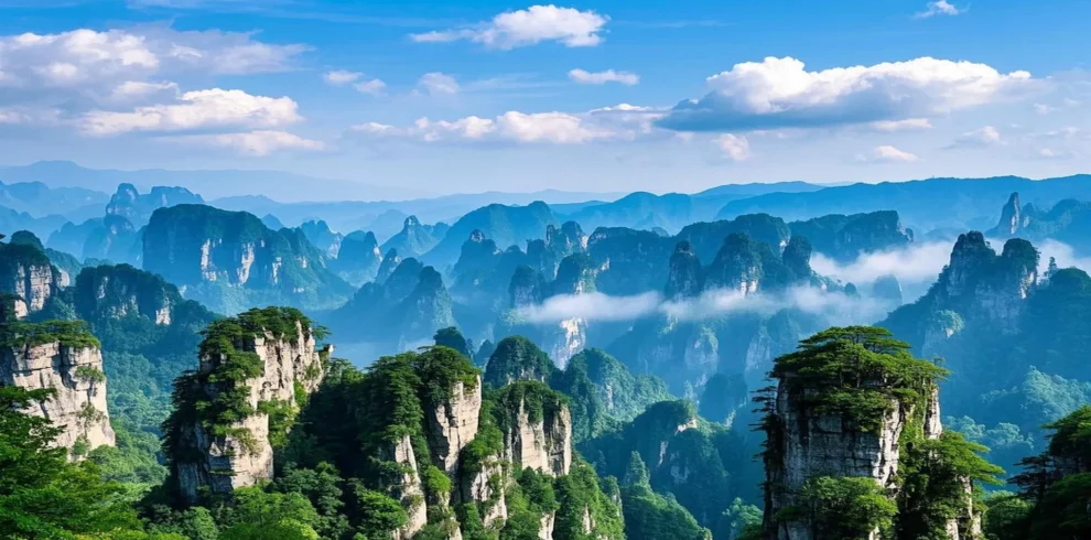 Avatar-inspired sandstone peaks in Zhangjiajie rising through clouds and mist.