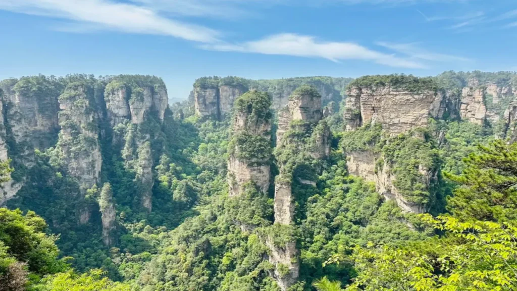 Avatar-like sandstone pillars in Zhangjiajie rising through misty mountain scenery.