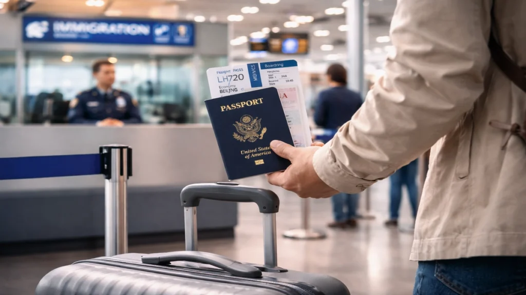 Traveler preparing passport and documents before entering China