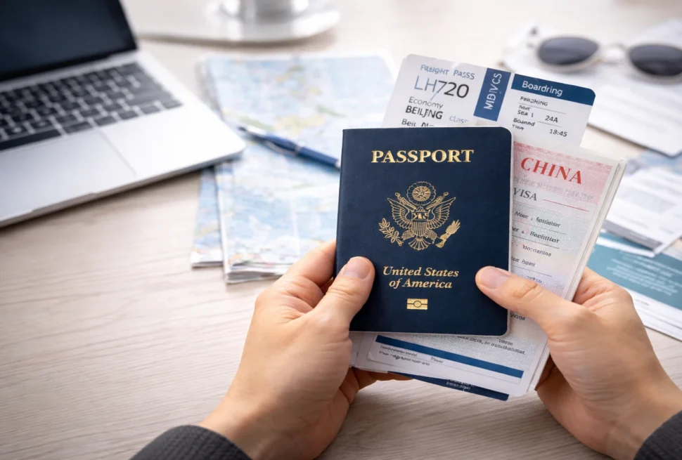 Passport and travel documents for planning a trip to China