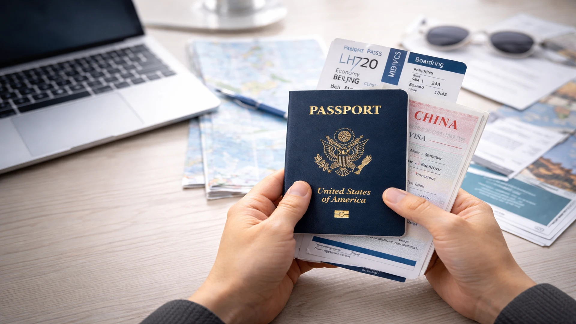 Passport and travel documents for planning a trip to China