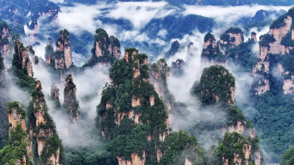Towering stone pillars in Zhangjiajie National Forest Park